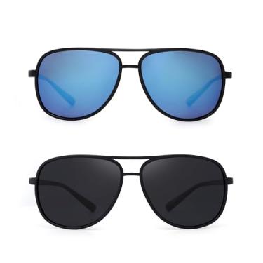 Imagem de JM Óculos de sol aviador retrô polarizados para homens e mulheres, sem emaranhados, de plástico, proteção UV400, Pacote com 2 (azul e cinza), One Size