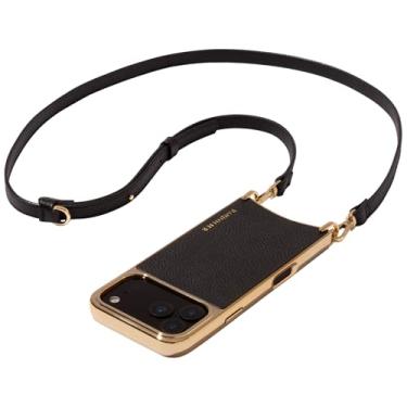 Imagem de Bandolier Rayna Capa de celular tipo carteira transversal [compatível com MagSafe] para iPhone 17. 100% couro de seixo genuíno. Alça ajustável e removível. Preto com ferragens douradas