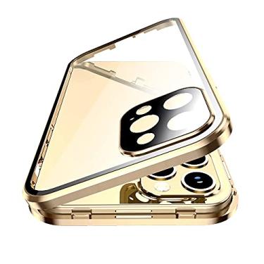 Imagem de Capa magnética bloqueável para iPhone 14 Pro Max capa de vidro com protetor de lente de câmera protetor de tela trava de segurança 360 corpo inteiro capa de vidro dupla face capa transparente (ouro)