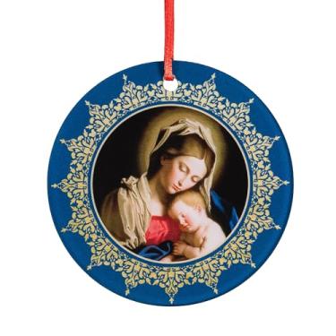 Imagem de Ornamento acrílico Madonna & Child by Sassoferrato – Decoração de árvore de Natal católica redonda de 8,3 cm com borda azul e dourada