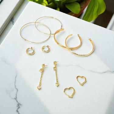 Imagem de Brincos Argola e Coração Feminino Dourados Kit 5 Pares Folheados Model
