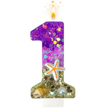 Imagem de Velas de aniversário, praia número 1 decoradas com conchas e pérolas para topo de bolo, adequadas para decorações de bolo de sereia, decoração de aniversário com tema de oceano (1 vela)