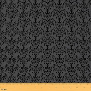 Imagem de jejeloiu Tecido Damasco Cinza da The Yard Gótico Gótico Crânio Tecido Estofado para Cadeiras Vintage Floral Jacquard Bohemia Boho Textura Exótica para Projetos de Casa DIY, Impermeável Interior e
