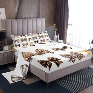 Imagem de Manfei Jogo de lençol solteiro solteiro com laço de leopardo, nó geométrico, patchwork geométrico, pele de guepardo, princesa marrom, chique, 3 peças (elástico + 1 fronha)