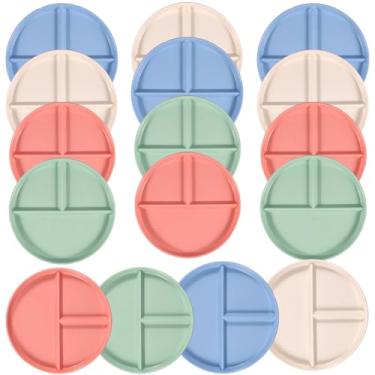 Imagem de Pratos de jantar divididos com 16 peças, placa de controle de porção empilhável de 23 cm com 3 compartimentos para perda de peso, pratos reutilizáveis de palha de trigo, seguro para micro-ondas para