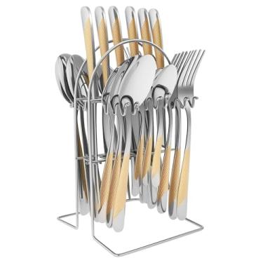 Imagem de Conjunto de talheres de 25 peças com suporte, conjunto de talheres de aço inoxidável com alças antiderrapantes, kit prático de talheres para reunião em casa (ouro e prata, 25 peças)