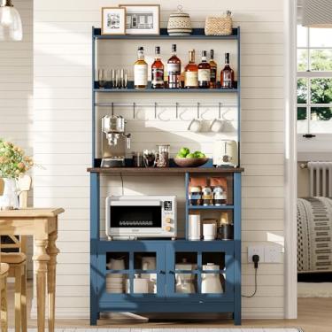 Imagem de ChooChoo Armário de café Farmhouse com armazenamento, rack de padeiro com tomadas, suporte de micro-ondas armário de cozinha com gaiola e 6 ganchos, azul