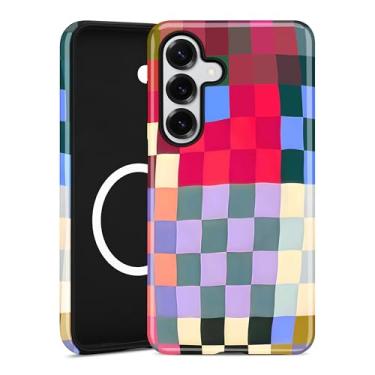 Imagem de Aitipy Compatível com MagSafe Capa de telefone quadriculada para Samsung Galaxy S23, bonito tabuleiro de xadrez estético TPU macio magnético e capa protetora de policarbonato rígido para mulheres e