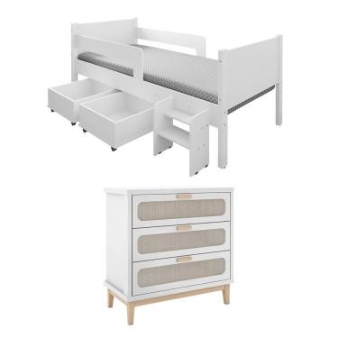 Imagem de Kit Cama Infantil Luna Com Organizador Escada + Cômoda Isa - Branco - Branco