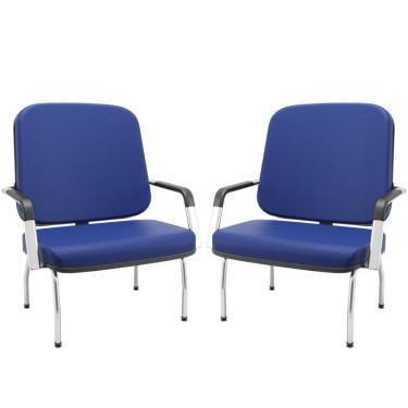 Imagem de Kit 02 Cadeiras de Escritório Recepção com Braço Fixa Cromada Magno P03 Vinil Azul - Lyam Decor