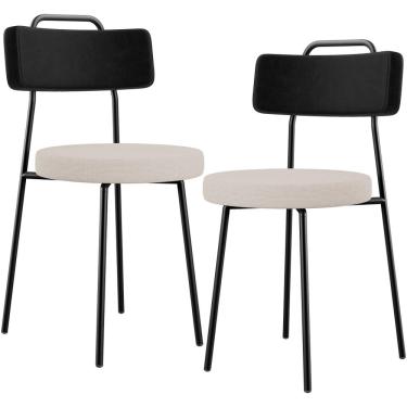Imagem de Kit 02 Cadeiras Decorativa Estofada Sala De Jantar Barcelona L02 Couríssimo Preto Linho Bege - Lyam