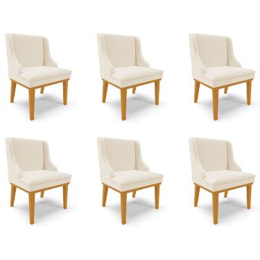 Imagem de Kit 6 Cadeiras Decorativas Sala de Jantar Base Fixa de Madeira Firenze Linho Bege/Castanho G19 - Gran Belo