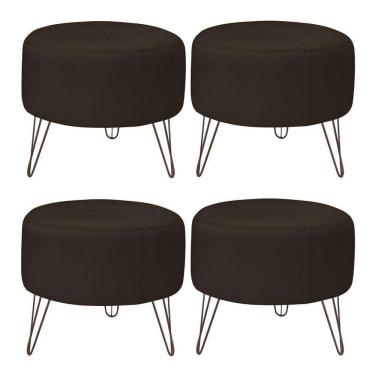 Imagem de Kit 4 Puffs Decorativos Redondo Pés Metal Couro Marrom - Gran Belo