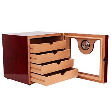 Imagem de Humidor de charuto, grande capacidade de madeira de cedro 4 gavetas com tela de vidro, caixa de armazenamento de recipiente de humidor de charuto com umidificador higrômetro para 100 charutos