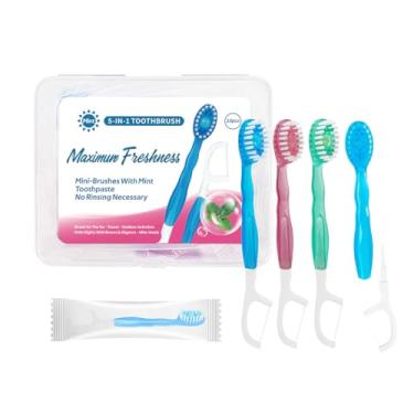 Imagem de JOUGE Mini escovas de dentes descartáveis com pasta de dente 5 em 1 para viagem, portátil, embaladas individualmente com pasta de dente + raspador de língua + palhetas + estojo de viagem com fio