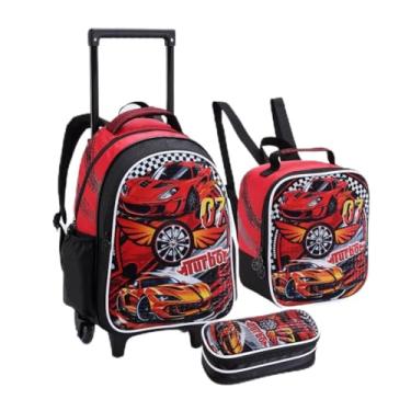 Imagem de Kit Mochila Rodinha Menino Carros Escolar Reforçada Grande Lancheira e Estojo