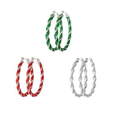 Imagem de 3 pares de brincos de argola de tubo de doces para mulheres, lindos brincos de argola de Natal, vermelho, verde, colorido, enfeite de guirlanda, brincos de argola torcida para presente de festa de