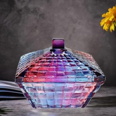 Imagem de LWXPAIYY Prato de doces de vidro roxo com tampa 227 g, pote de doces em relevo com tampa, tigela vintage de doces com tampas para mesa de centro de escritório decorativa (roxo)