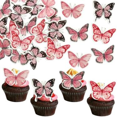 Imagem de Ephlyn 48Pcs Edible Butterfly Cake Decorations Wafer Paper Butterflies Cupcake Toppers Butterfly Decorations for Wedding Birthday Anniversary Baby Shower Party Decorating Supplies Dark Pink