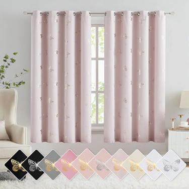 Imagem de Jubilantex Cortinas blackout de borboleta rosa para bebês, 2 painéis de 137 cm de comprimento para berçários de meninas, quarto, estampa metálica dourada de crianças, 90% de escurecimento do ambiente, cortinas com ilhós para janela superior para sala de estar