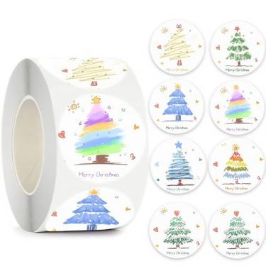 Imagem de Adesivos coloridos de árvore de Natal 2,5 cm/500 peças para decorações de férias, embrulho de presente, assar, embalagem de bolo, selagem de envelope, convites de cartão, diários DIY e artesanato