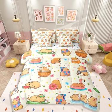 Imagem de Erosebridal Conjunto de edredom com estampa de capivara, tamanho solteiro, com estampa de capivara, 7 peças, para adolescentes, meninos, meninas, animais fofos, conjunto de edredom kawaii