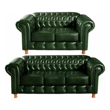 Imagem de Conjunto Sofás 2 E 3 Lugares Chesterfield Luís Xv Vintage Retrô Capitonê Couro Verde