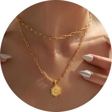 Imagem de Colar feminino com inicial em camadas, aço inoxidável banhado a ouro 18K, pingente de clipe de papel duplo A a Z, conjunto de duas correntes destacáveis, 16.5in/ 14+2in, Aço inoxidável, Sem Pedra