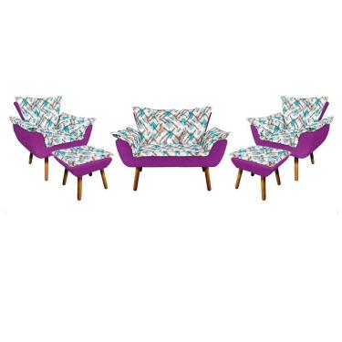 Imagem de Kit 01 Namoradeira Com 02 Poltronas E 02 Puffs Opala Composê Suede Com Estampado Traçado Azul D33 Pés Palito Castanho Roxo