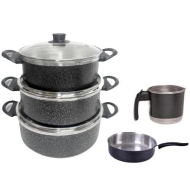 Imagem de Jogo de Panelas 5 Peças Alumínio Resistente com Tampa de Vidro | Caçarola, Frigideira e Caneco
