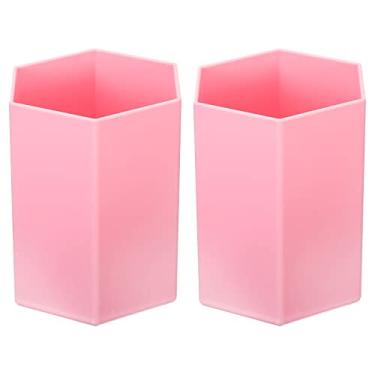 Imagem de Porta-lápis, pacote com 2 canetas de plástico, porta-pincéis de maquiagem, porta-copos, hexagonal, organizador de mesa, papelaria, suporte para casa, escritório, rosa