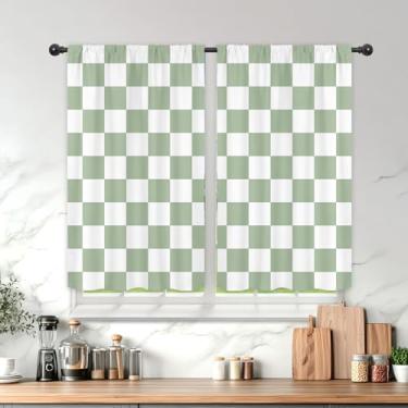 Imagem de Mitpok Cortinas quadriculadas verde-sálvia brancas para quarto 70 x 99 cm de altura com bolso de haste vintage Y2K anos 2000 anos 70 abstrato bonito moderno hippie groovy estética 2 painéis conjunto