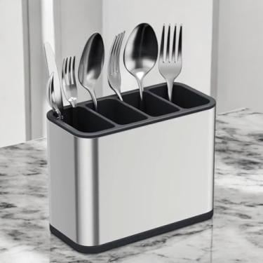 Imagem de Escorredor de Talheres em Aço Inox com 4 Divisórias - Design Moderno, Sistema de Drenagem e Base Antiderrapante - Ideal para Talheres, Espátulas e Utensílios de Cozinha
