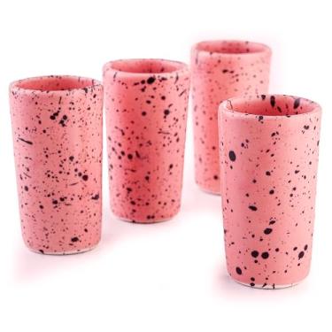 Imagem de MEXTEQUIL Conjunto de copos de tiro de cerâmica artesanal artesanal - atiradores modernos de tequila e mezcal - Presente rústico exclusivo de bar doméstico (salpico de algodão doce)