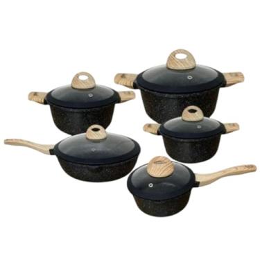 Imagem de Conjunto de Panelas Cerâmicas Antiaderentes, 10 Peças, Preto com Alças em Madeira, Compatível com Fogão de Indução, Inclui Caçarola 20cm, Panelas 18cm, Frigideira 24cm, Chaleira 14cm e Utensílios