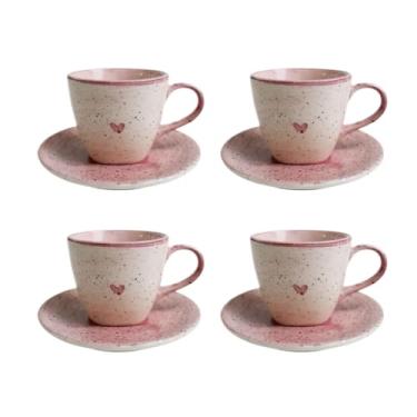 Imagem de XíCara e Pires de CerâMica Pintados à Mão em Formato de CoraçãO Rosa, 200 Ml,Jogo de Xicaras de Cafe Com Pires(4 Unidade)