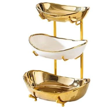 Imagem de jessie Tigela de frutas de 3 camadas para balcão de cozinha, tigela de cerâmica com suporte de metal dourado, cesta de frutas de 3 camadas para pão de legumes, doces, lanches, nozes, bandeja de bolo