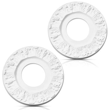 Imagem de PercyEffie Medalhão de teto de flores esculpidas vintage 2 peças moldado branco PU medalhões para luminárias e ventiladores de teto design floral vitoriano decorativo