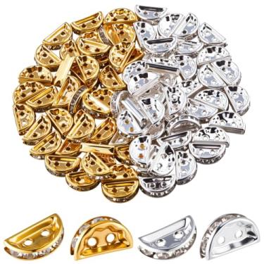 Imagem de SUNNYCLUE 1 caixa, 100 peças, 2 cores, conector de 2 furos, contas de strass, espaçadores de contas de strass a granel oval de metal meio redondo barra de prata com elos multisoltos para fabricação de