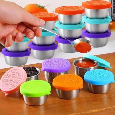 Imagem de 6 peças de copos de molho de aço inoxidável à prova de vazamento de 40 ml, recipientes reutilizáveis para molho de salada, tampas de silicone, aleatórias