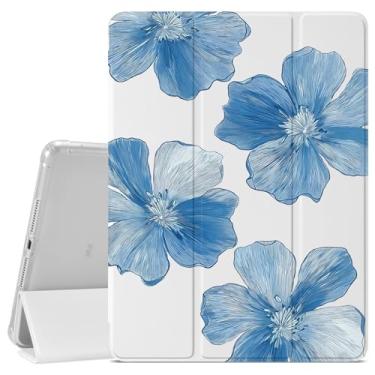 Imagem de VibrantFruitique Capa protetora exclusiva de hibisco azul para iPad 9ª/8ª/7ª geração, 10,2 polegadas (versão 2021/2020/2019), porta-lápis, traseira de TPU macio transparente e capa com três dobras