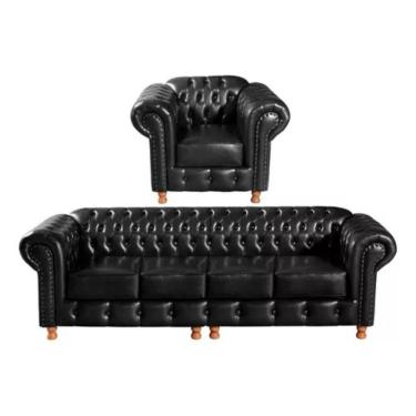 Imagem de Conjunto Sofá 4 Lugares E Poltrona Chesterfield Luís Xv Vintage Retrô Capitonê Couro Preto