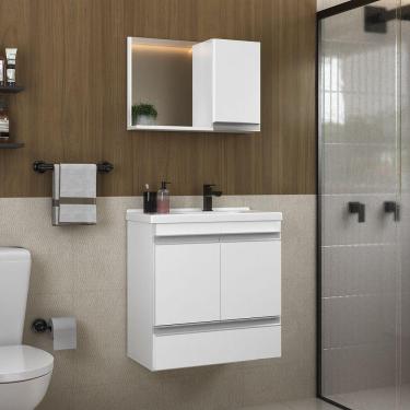 Imagem de Conjunto Gabinete Banheiro Fox 60cm (gabinete + Cuba + Espelheira) Branco Inteiro