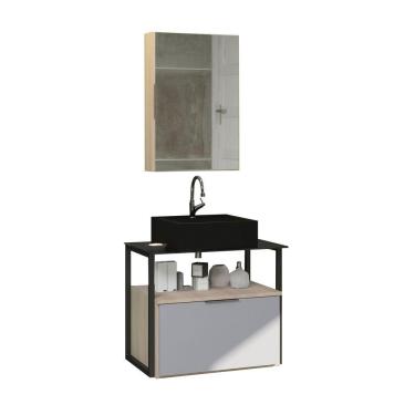 Imagem de Conjunto Gabinete Urbe 60cm Madeirado Cinza Tampo Preto Cuba Preto