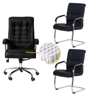 Imagem de Kit Cadeiras De Escritório, 1 Cadeira Presidente Munique Big + 2 Fixas Preta - Waw Design