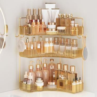 Imagem de Kinkota Organizador de balcão de banheiro de canto com 3 andares, bancada com ganchos, organizadores de perfume, prateleira de armazenamento para maquiagem e cuidados com a pele - ouro