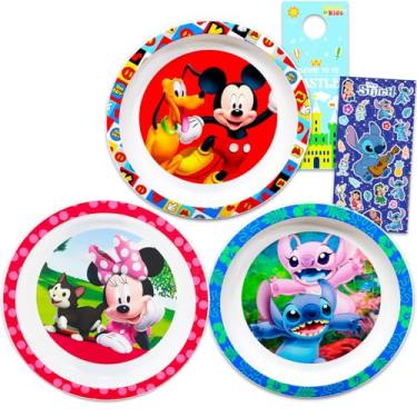 Imagem de Disney Conjunto de louça para crianças – Conjunto de 3 peças de acessórios de cozinha com costura, Mickey Mouse, pratos Minnie Mouse e mais adesivos | Pratos Disney para crianças, crianças, meninos