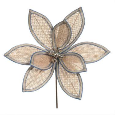 Imagem de Flor Natal Bico Papagaio Poinsétia Rústica Bege Azul 18cm Ornamento Ar