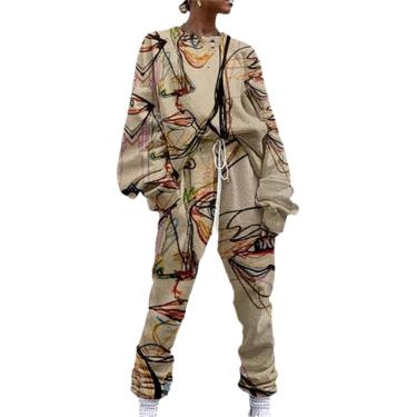 Imagem de Mulheres Tracksuit Sweater Tecido Mulheres Tracksuit Pullovers O Neck Abstract Print Cordão Sweat Suit, 3, L