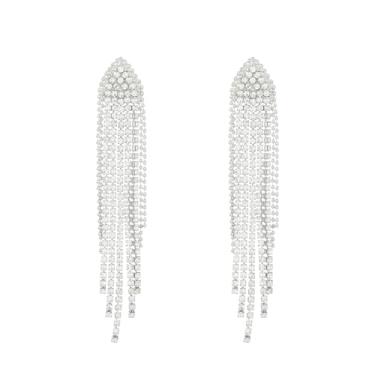 Imagem de MALOYANVE Brincos de borla de strass, elegante, brilhante, longo, candelabro de zircônia cúbica, brincos de cristal de declaração de cristal da moda, joias de casamento, presentes para mulheres e